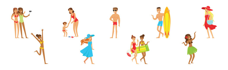 People Characters Enjoy Beach Summer Vacation Vector Set