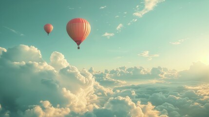 Obraz premium Dreamy clouds and hot air balloons in a soft sky.