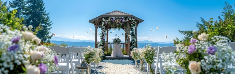 Elegant Outdoor Wedding Ceremony with Floral Arch and Guests