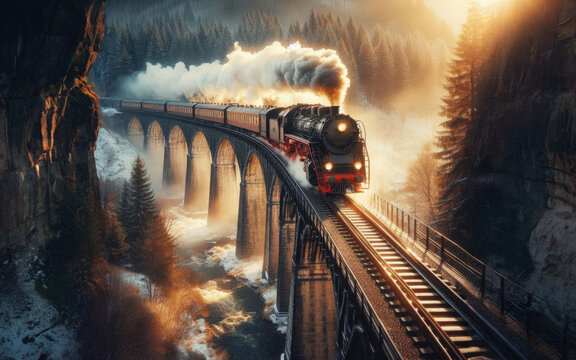 Steam train on the way through winter landscape