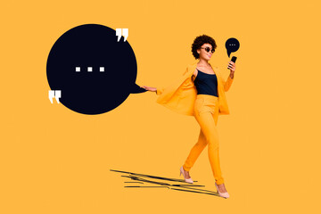 Creative image collage young stylish lady walk textbox communication phrase reply smartphone...