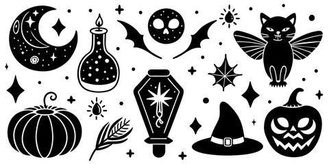 A collection of black and white Halloween icons on a white background