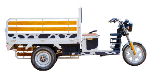 Three-wheel electric cargo tricycle, cow pattern, delivery service by tricycle electric truck, Cars take tourists to see the orchards, isolated on a white background, transparent background.