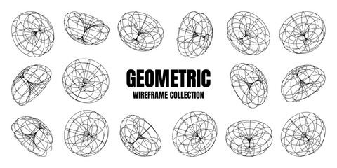 Wireframe lined shapes. Perspective mesh, 3d grid. Low poly geometric elements. Retro futuristic design elements, y2k, vaporwave and synthwave style. Vector illustration