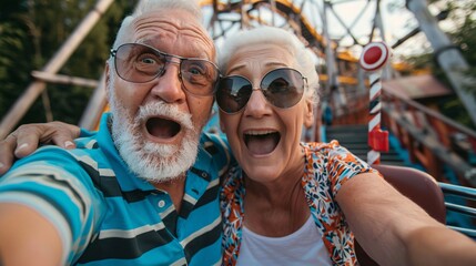 Happy senior couple taking selfie on roller coaster. Elderly people having fun outdoors.