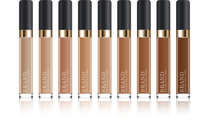 Hydrating facial concealer for annual sale or festival sale. black and gold concealer mask bottle isolated on glitter particles background. Graceful cosmetic ads, illustration.