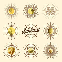 Vintage sunburst, sunset beams. Gold foil, shiny handmade circles. Golden glittering texture, pattern. Hand drawn bursting sun, light rays. Logotype or lettering, retro style. Vector illustration