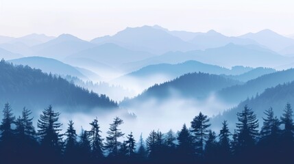 Obraz premium Mountains landscape with fog and forest. Background illustration generated by ai