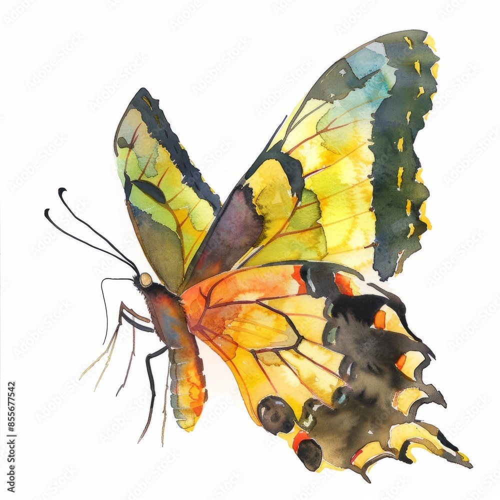 Wall mural Watercolor painting of a luminous butterfly, with wings that shimmer in fluorescent patterns of yellow, orange, on isolated white background, Generative AI - Wall murals