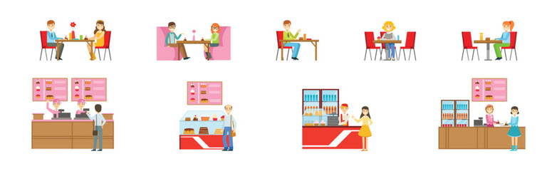 People Character Eating Food at Cafe Sitting at Table Vector Set