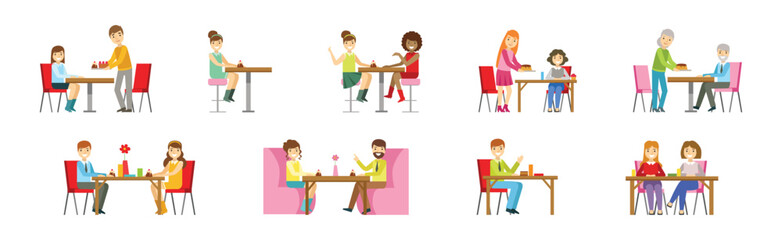 People Character Eating Food at Cafe Sitting at Table Vector Set