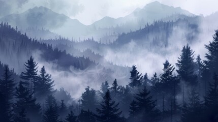 Mountains landscape with fog and forest. Background illustration generated by ai