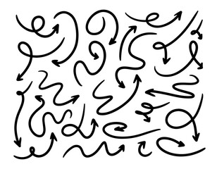 Obraz premium Hand drawn arrows vector set. Scribble lines, swirls arrows, scrawls. Doodle drawing. Direction pointers.