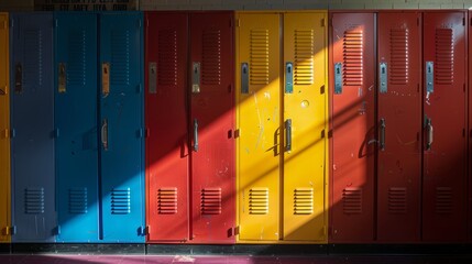 Row of colorful high school lockers with combination dials and personalized names, educational background concept for back-to-school season and academic environments