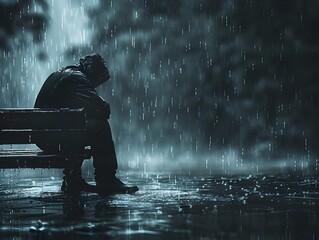 Solitary Man Sitting Alone on Bench in the Pouring Rain Expressing Deep Sorrow and Grief - Powered by Adobe