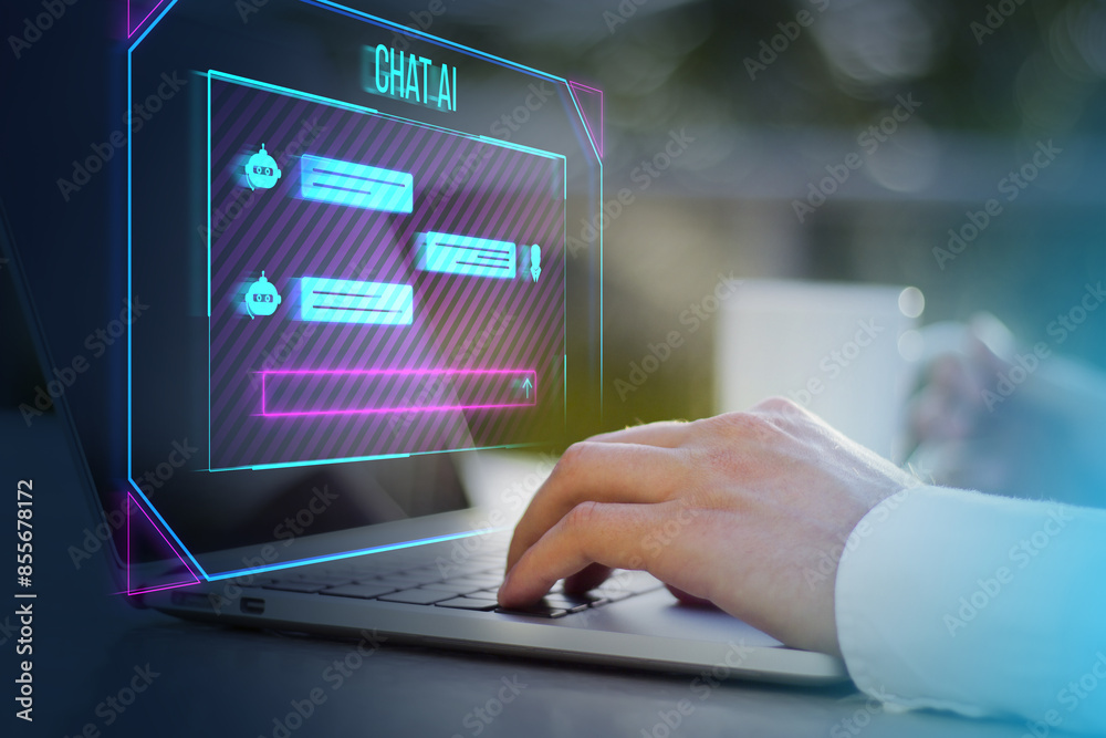 Poster close up of male hands using laptop on desk with coffee cup and creative ai chat hologram on blurry 