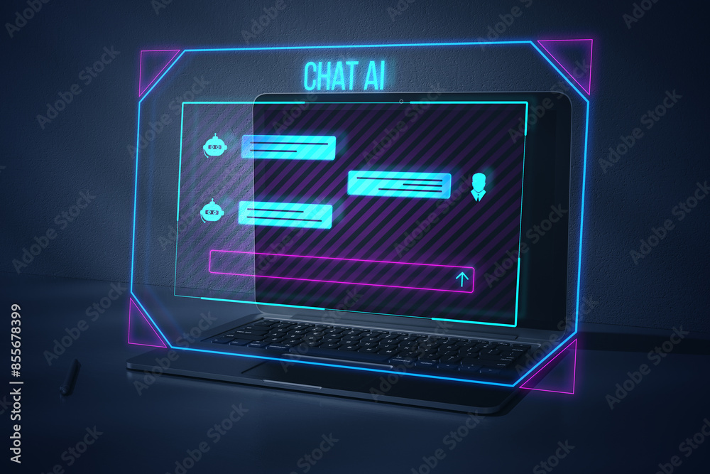 Poster close up of laptop on desk with creative ai chat hologram on blurry background. chat gpt and communi