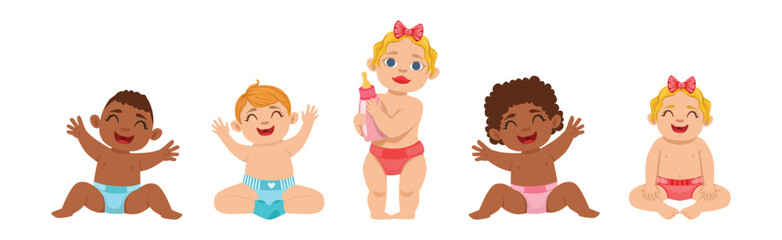 Boy and Girl Kid Toddler Character in Sitting Pose with Smiling Face Vector Set