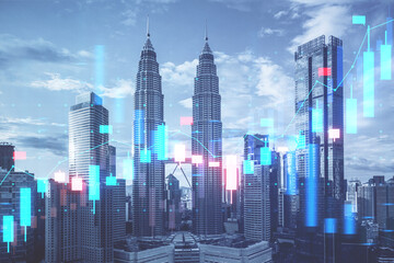 Obraz premium Creative glowing blue candlestick forex chart on blurry city background. Financial growth, stock and exchange concept. Double exposure.