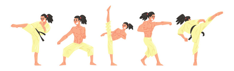 Young Man Doing Karate Wearing Kimono and Black Belt Engaged in Martial Art Vector Set