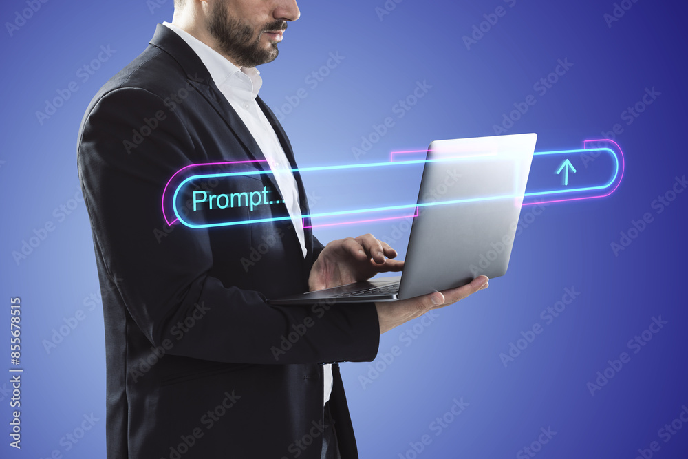 Poster close up of male hand using laptop with glowing search engine bar on purple background. search engin