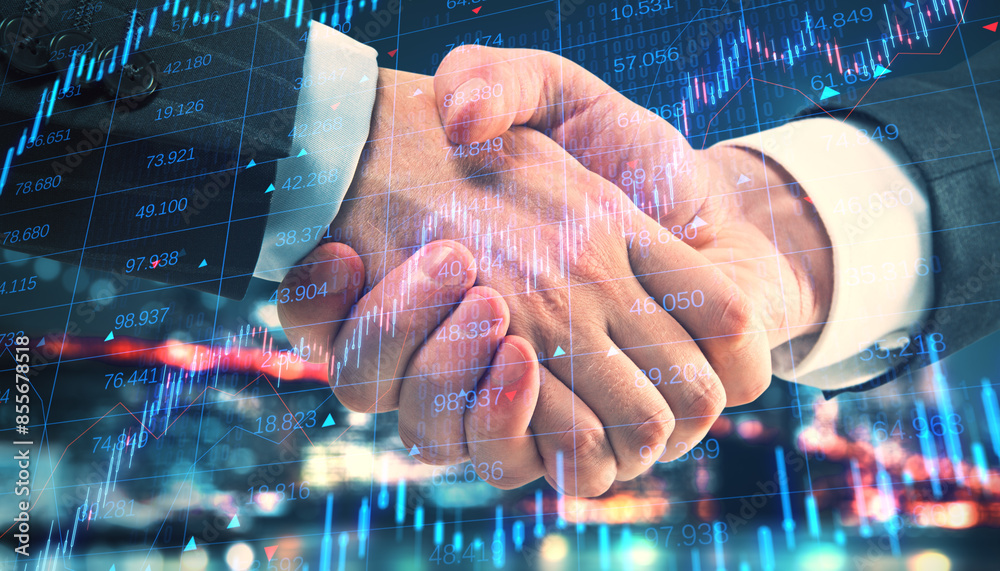 Wall mural Close up of male handshake with glowing blue candlestick forex chart on blurry background. Financial growth, partnership, stock and exchange concept.