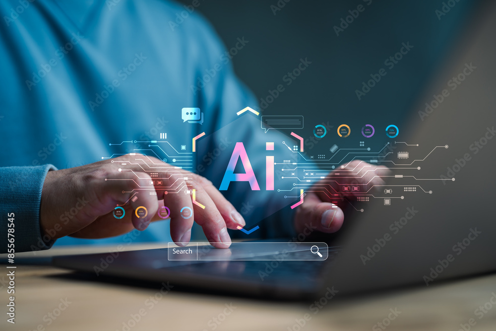 Fototapete Ai tech, businessman show virtual graphic Global Internet connect Chat with AI, Artificial Intelligence. using command prompt for generates something, Futuristic technology transformation.