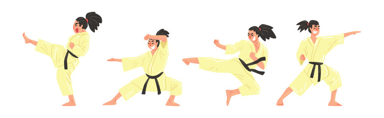 Young Man Doing Karate Wearing Kimono and Black Belt Engaged in Martial Art Vector Set