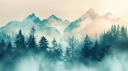 Mountains landscape with fog and forest. Background illustration generated by ai