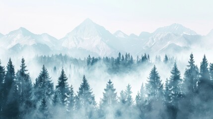 Mountains landscape with fog and forest. Background illustration generated by ai