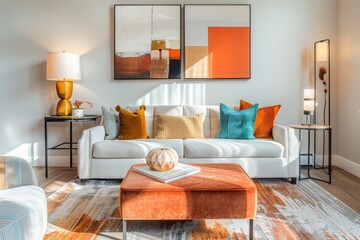 Modern Living Room Interior Design with Colorful Accents - Ideal for Home Decor Inspiration and Real Estate Staging