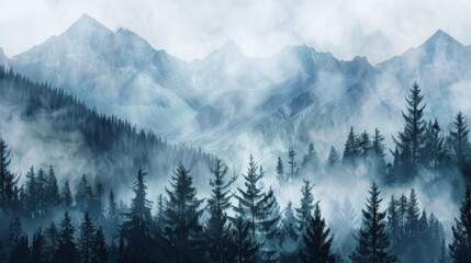 Obraz premium Mountains landscape with fog and forest. Background illustration generated by ai