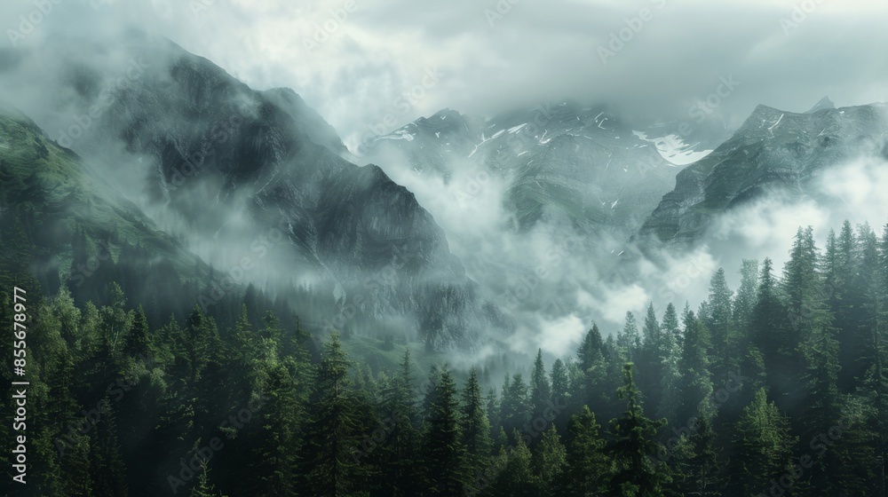 Wall mural Mountains landscape with fog and forest. Background illustration generated by ai