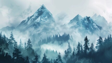 Fototapeta premium Mountains landscape with fog and forest. Background illustration generated by ai
