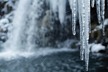 This image shows icicles hanging from the side of a waterfall, emphasizing the beauty of winter and the wonder of nature. This image is suitable for content related to nature, winter, landscapes, and 
