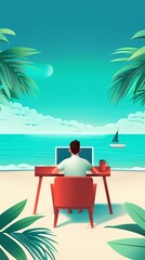 Travel Agent helping digital nomads with travel plans, minimalist office, modern tech tools, flexible and adaptive