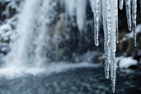 This image shows icicles hanging from the side of a waterfall, emphasizing the beauty of winter and the wonder of nature. This image is suitable for content related to nature, winter, landscapes, and 