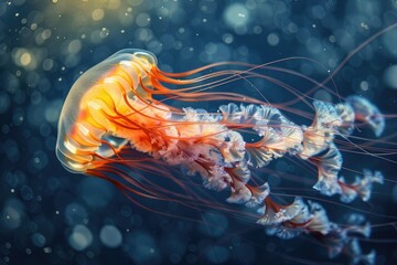 Obraz premium This image shows a close-up of a jellyfish in the water, emphasizing the mystery and beauty of marine life. This image is suitable for content related to nature, ocean, marine life, and more.