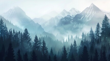 Mountains landscape with fog and forest. Background illustration generated by ai