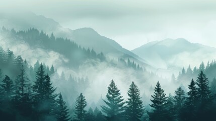 Fototapeta premium Mountains landscape with fog and forest. Background illustration generated by ai