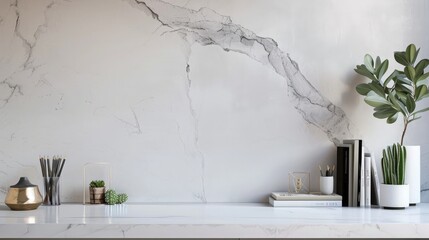 Empty Mock up white marble table with wooden chopsticks, cactus and succulent plant in vase