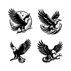 Eagle Vector Illustration Set, Black and White Silhouettes. Perfect for Logos, Designs