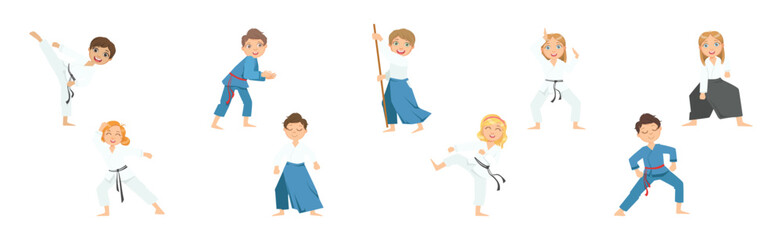 Boy and Girl Character Do Taekwondo or Judo Workout Vector Set