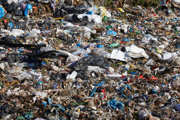 Open air garbage dump. Plastic waste pollution. Global warming. Climate