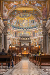 Historic basilica interior of Santa Maria in Trastevere. Rome, Italy