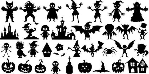 Silhouettes of halloween characters on white background