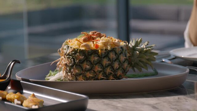 Experience an elegant presentation of pineapple cuisine at a fine dining restaurant