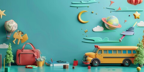 Obraz premium A colorful poster with a school bus and a suitcase