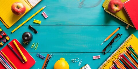 A blue background with a bunch of school supplies including a red notebook