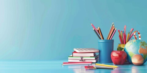 A blue background with a blue cup, a red apple, a green pencil, and a red pencil